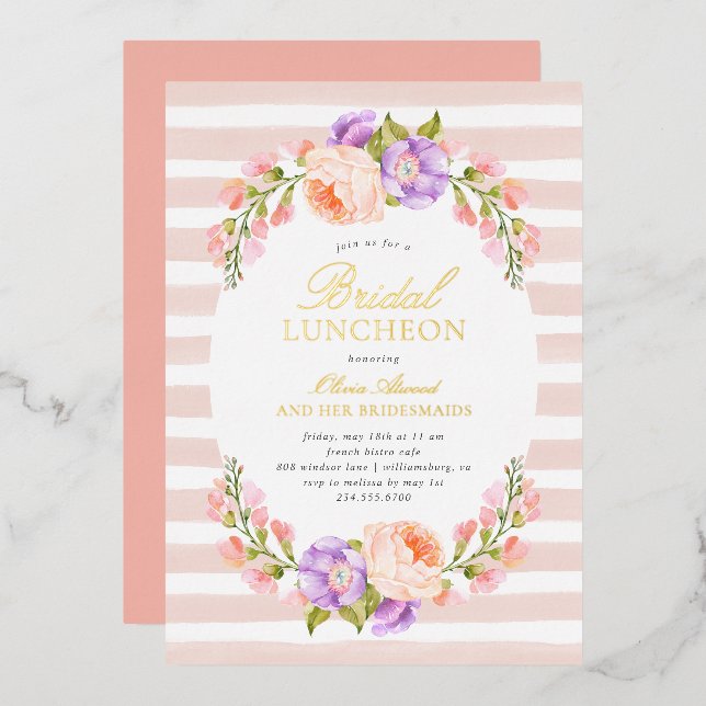 Blush Strip und Bloom Bridal Luncheon Folieneinladung (Vorderseite/Rückseite)