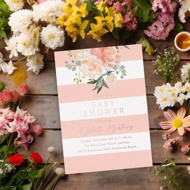 Blush Striped floral Baby Dusche Rose Gold Folieneinladung (Von Creator hochgeladen)
