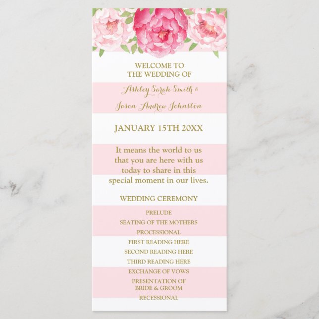 Blush Stripes Pink Watercolor Hochzeitsprogramm Programm (Vorderseite)