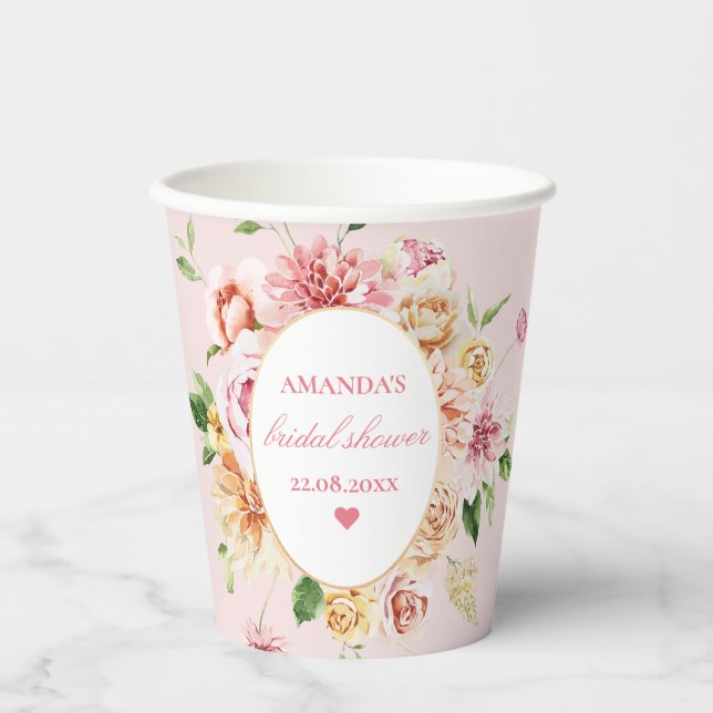 Blush Summer Floral Romantisches Brautparty Paper  Pappbecher (Vorderseite)