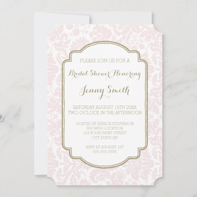 Blush Tan Damask Bridal Dusche Einladungskarten (Rückseite)