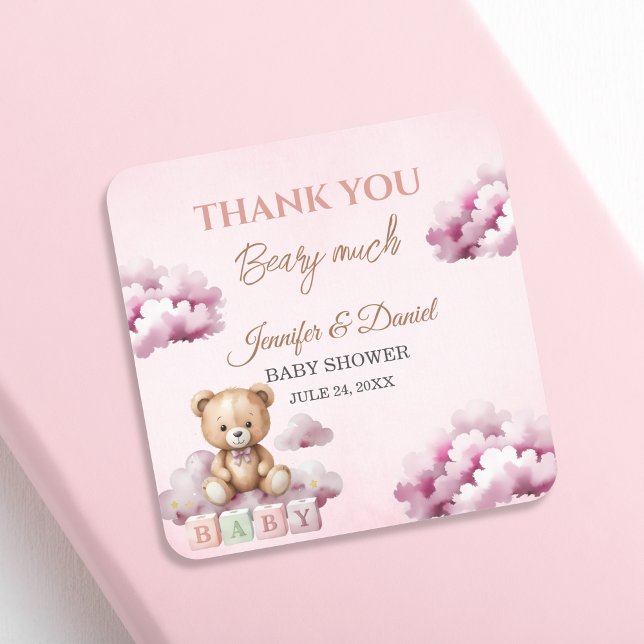 Blush Teddy Clouds Pink Baby Girl Vielen Dank Quadratischer Aufkleber (Von Creator hochgeladen)