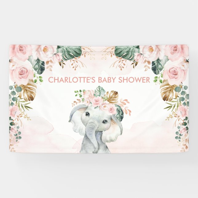 Blush Tropical Elephant Floral Greenerity Baby Gir Banner (Horizontal)