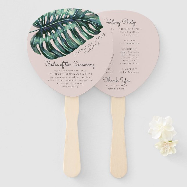 Blush Tropical Leaf Monstera Palm Hochzeitsprogram Fächer (Vorne und Hinten)