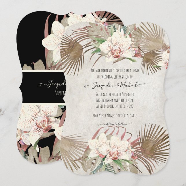 Blush Tropical Orchid Floral Palm Foliage Schwarz Einladung (Vorne/Hinten)