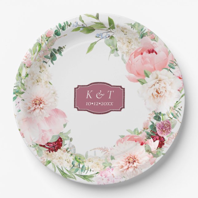 Blush und Deep Mauve Lush Floral Pappteller (Vorderseite)