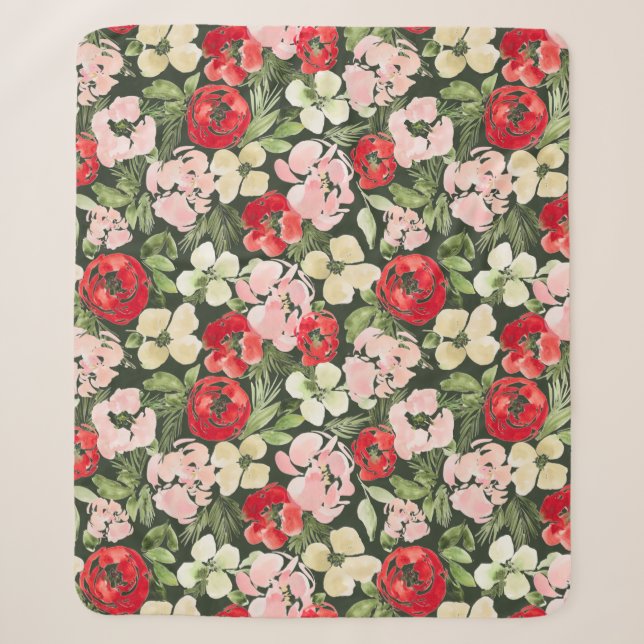 Blush und grüne Weihnachten Wasserfarben Blume Dun Sherpadecke (Vorderseite)