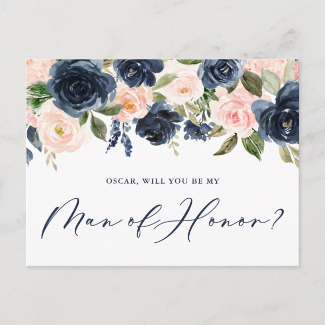 Blush und Navy Floral werden Sie mein Mann der Ehr Postkarte (Vorderseite)