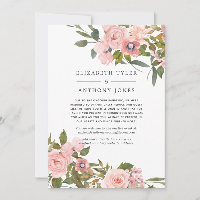 Blush und Rose Gold Floral reduzierte Hochzeitsgäs Ankündigung (Vorderseite)