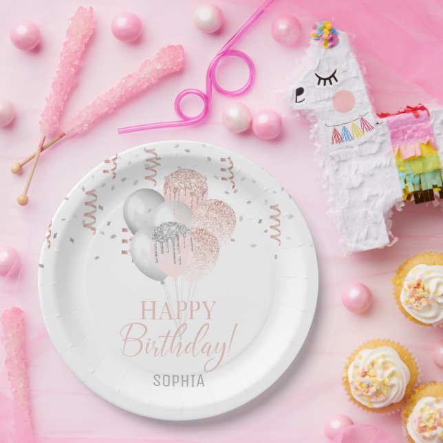 Blush und Silberne Luftballons Geburtstag  Pappteller (Party)