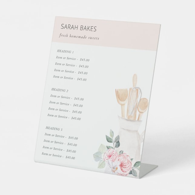 Blush Utensils Floral Whisk Bäckerei Preis Sockelschild (Vorderseite)