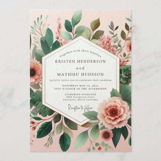Blush Verdant Bloom Hochzeit Einladung (Vorderseite)