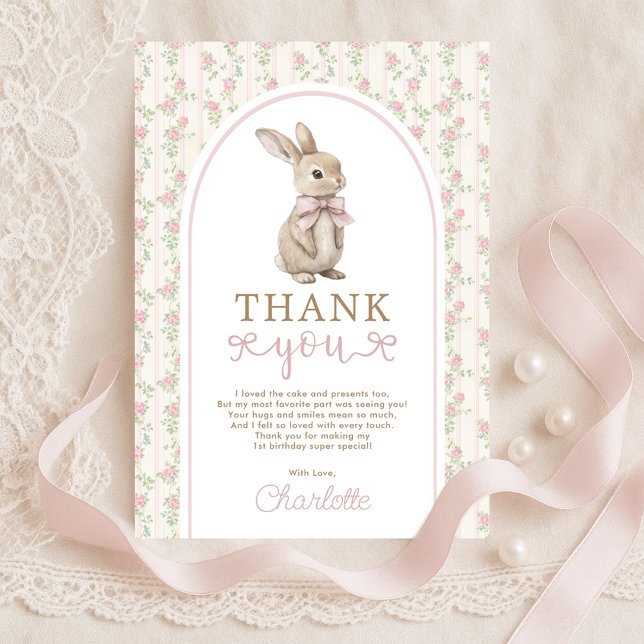 Blush Vintag Bunny Pink Bow Birthday Girl Dankeskarte (Von Creator hochgeladen)