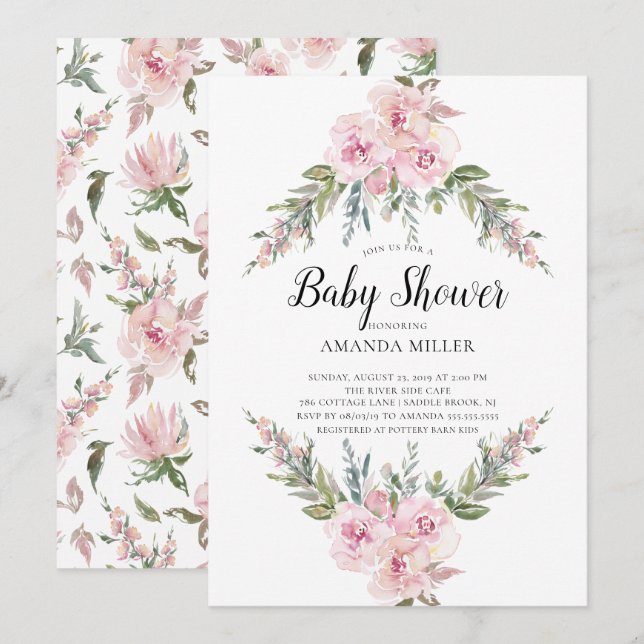 Blush Wassercolor Bloral Baby Dusche Einladung (Vorne/Hinten)