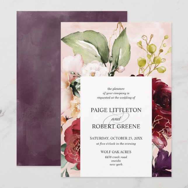 Blush Wasserfarbe Blumenrahmen Hochzeit Einladung (Vorne/Hinten)
