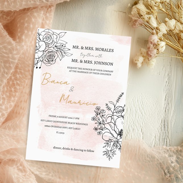 Blush Wasserfarbe & Schwarze Flora Elegante Hochze Einladung (Blush Watercolor & Black Floral Elegant Wedding Invitation)