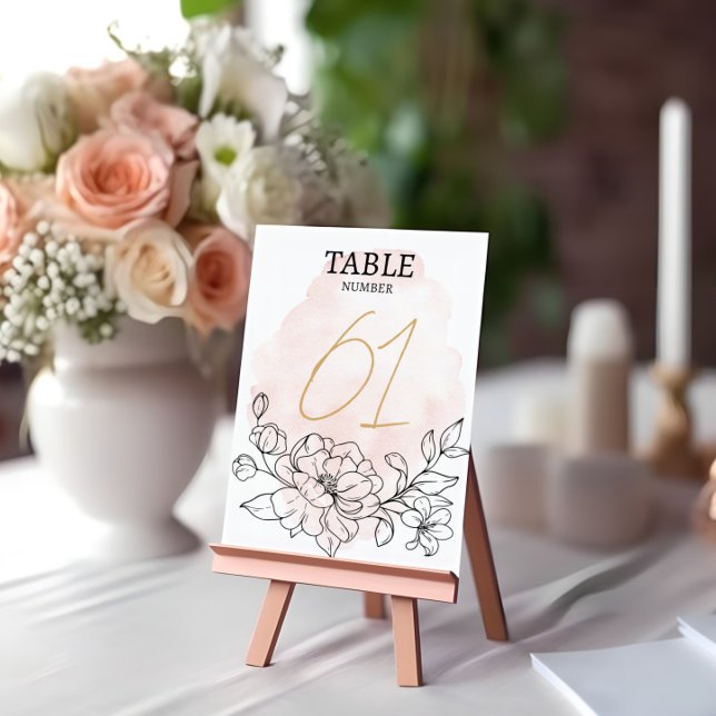 Blush Wasserfarbe & Schwarze Flora Elegante Hochze Tischnummer (Blush Watercolor & Black Floral Elegant Wedding Table Number)