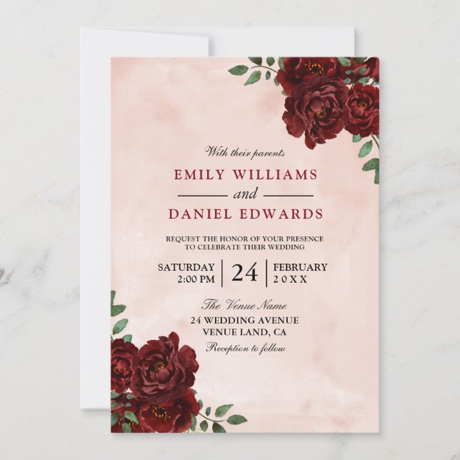 Blush Watercolor Burgund Rote Rose Hochzeit Einladung (Vorderseite)