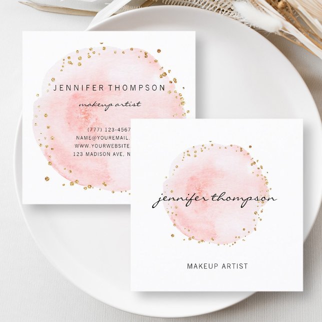 Blush Watercolor Circle Gold Punkte Quadratische Visitenkarte (Front & Back)