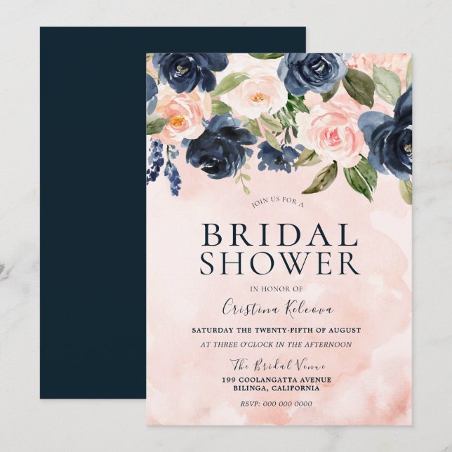 Blush Watercolor Navy Floral Brautparty Einladung (Vorne/Hinten)