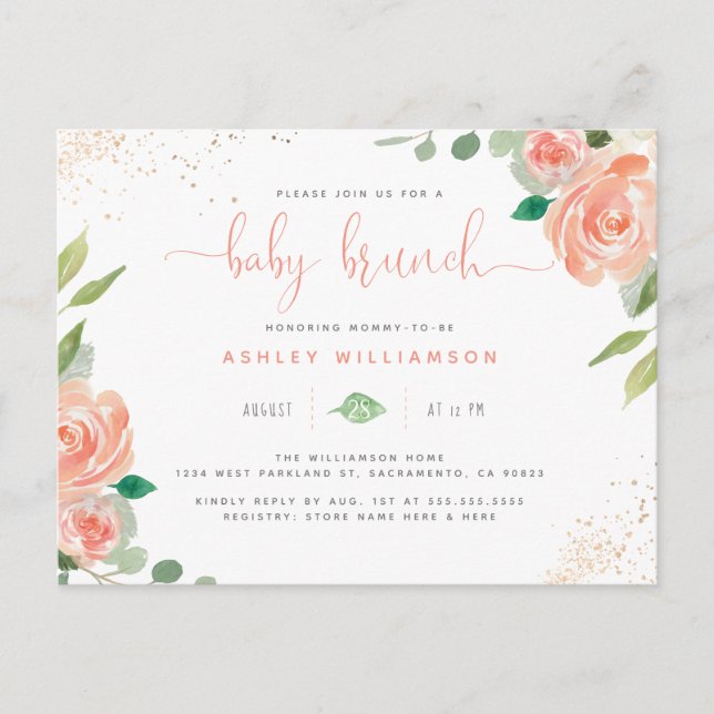 Blush Watercolor Peonies & Eucalyptus Baby Brunch Einladungspostkarte (Vorderseite)
