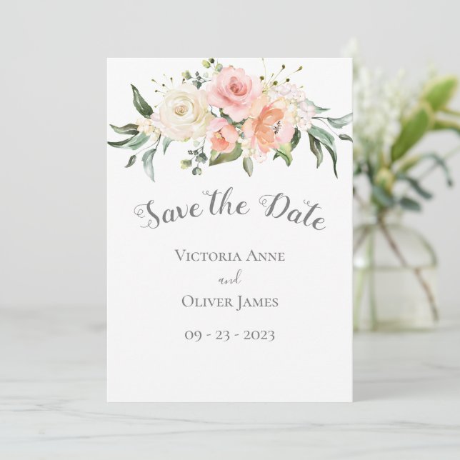 Blush Watercolor Romantische Blumenhochzeit Save The Date (Stehend Vorderseite)