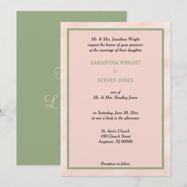Blush Watercolor Sage Green Wedding Einladung (Vorne/Hinten)