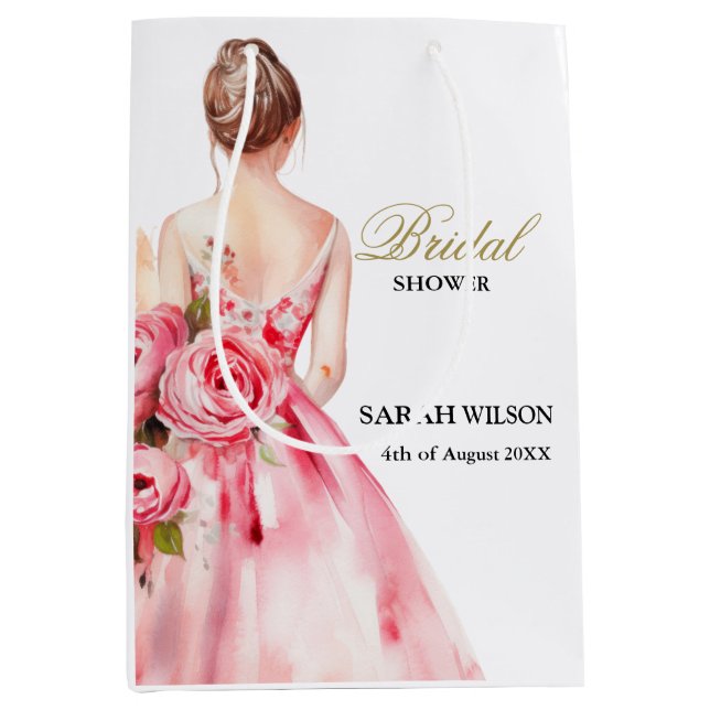 Blush Watercolor Wedding Gown Brautparty Mittlere Geschenktüte (Vorderseite)