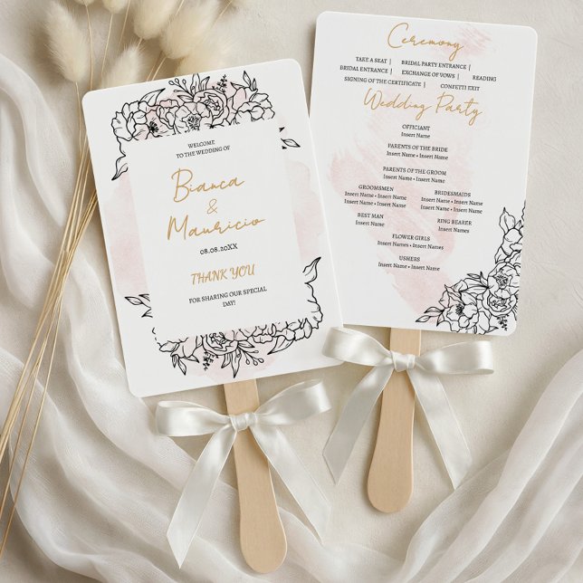 Blush Watercolor with Elegant Black Floral Details Fächer (Blush Watercolor with Elegant Black Floral Details Hand Fan)