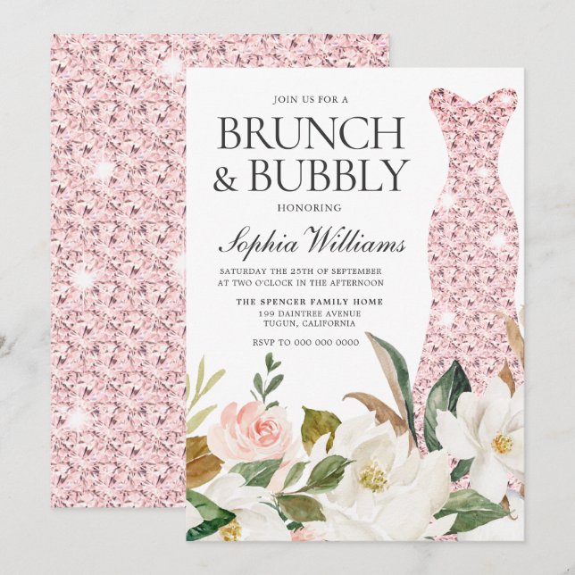 Blush Wedding Dress Brautparty Brunch & Bubbly Einladung (Vorne/Hinten)