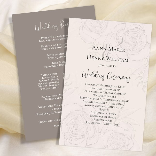 Blush Wedding Programme Élégant Floral (Elegant calligraphy script Wedding double-sided program. )