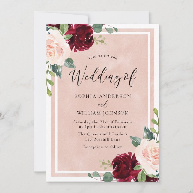 Blush Wedding: Watercolor Burgund Blumenzwiebelhoc Einladung (Vorderseite)