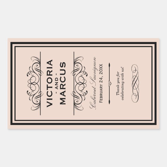 Blush Wedding Wine Bottle Monogram Rechteckiger Aufkleber (Vorderseite)