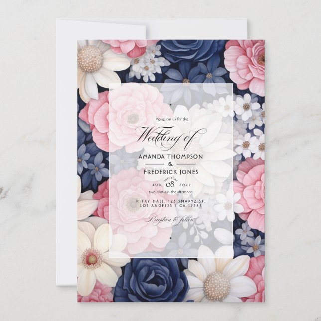 Blush, White and Navy Blue Floral Wedding Einladung (Vorderseite)