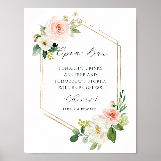 Blush White Blood Gold Hexagon Rahmen Open Bar Poster (Vorne)