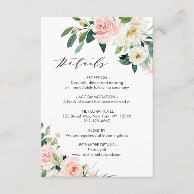 Blush White Bloom Floral Wedding Details Begleitkarte (Vorderseite)
