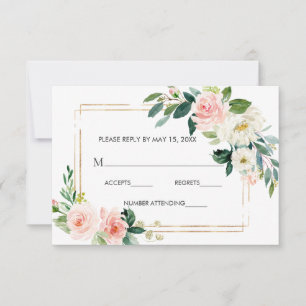 Blush White Bloom Gold Frame Floral Wedding RSVP