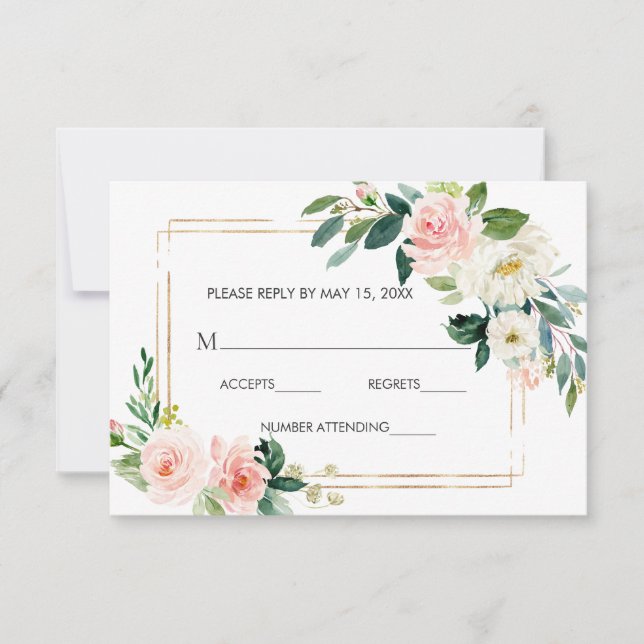 Blush White Bloom Gold Frame Floral Wedding RSVP (Devant)