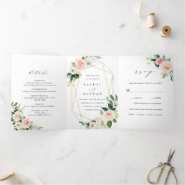 Blush White Bloom Gold Geometric Frame Wedding Dreifach Gefaltete Einladung