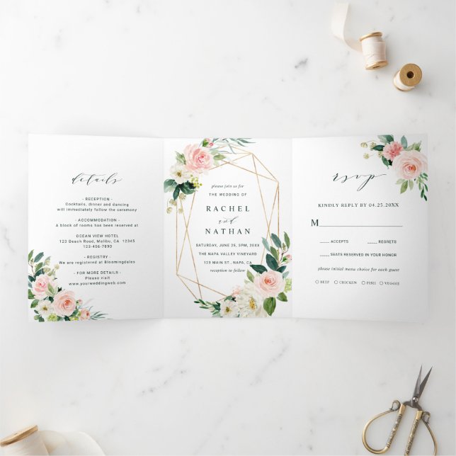 Blush White Bloom Gold Geometric Frame Wedding Dreifach Gefaltete Einladung (Innenseite)
