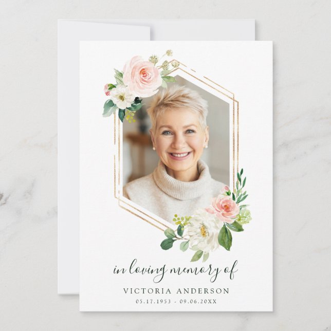 Blush White Bloom Gold Hexagon Beerdigung Dankeskarte (Vorderseite)