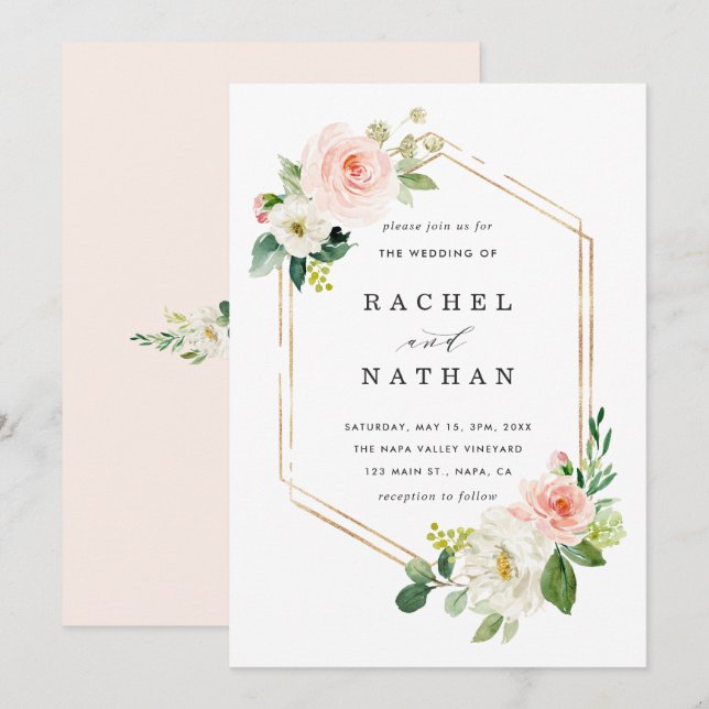 Blush White Bloom Gold Hexagon Hochzeit Einladung (Vorne/Hinten)