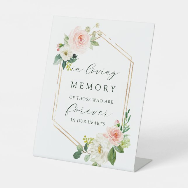 Blush White Bloom Gold Hexagon in Love Memory Sockelschild (Vorderseite)