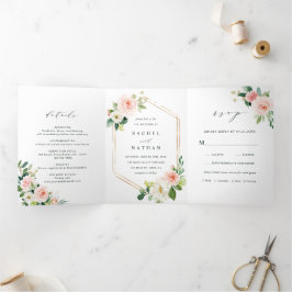 Blush White Bloom Gold Hexagon Rahmen Wedding Dreifach Gefaltete Einladung
