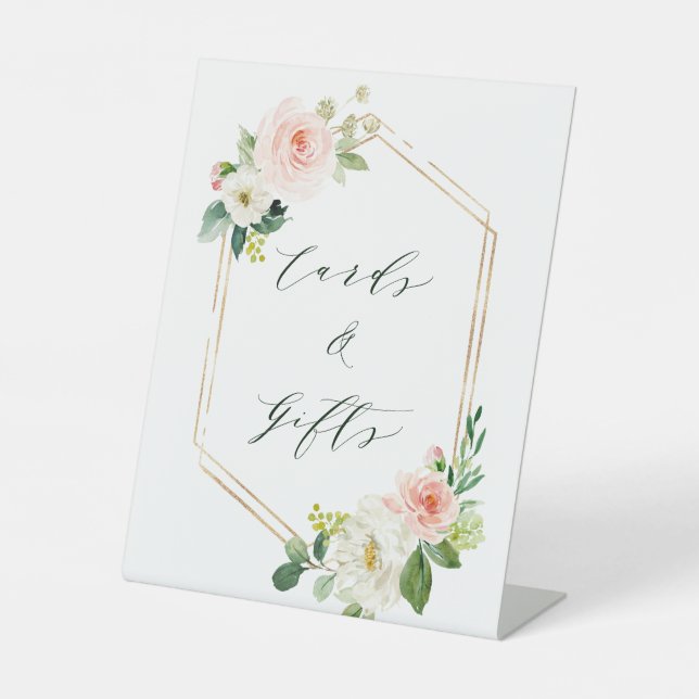 Blush White Bloom Gold Hexagon Rahmenkarten & Gesc Sockelschild (Vorderseite)