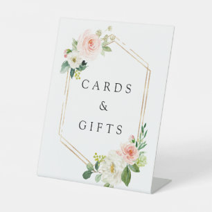 Blush White Bloom Gold Hexagon Rahmenkarten & Gesc Sockelschild