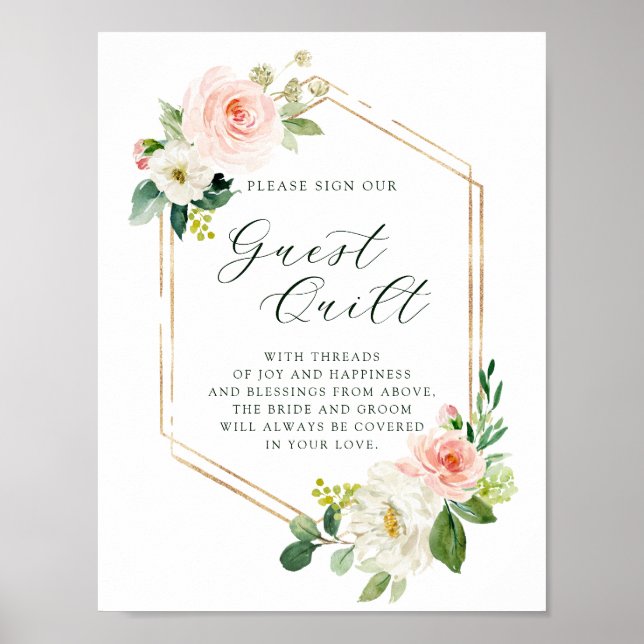 Blush White Bloom Gold Hexagon Wedding Guest Quilt Poster (Vorne)