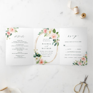 Blush White Bloom Gold Oval Rahmen Hochzeit Dreifach Gefaltete Einladung