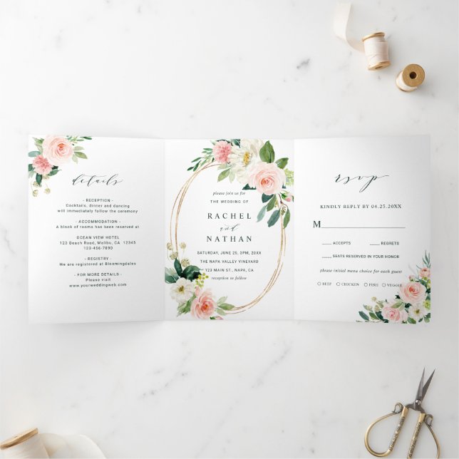 Blush White Bloom Gold Oval Rahmen Hochzeit Dreifach Gefaltete Einladung (Innenseite)