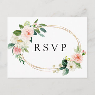 Blush White Bloom Gold Rahmen Blumenzange RSVP Einladungspostkarte